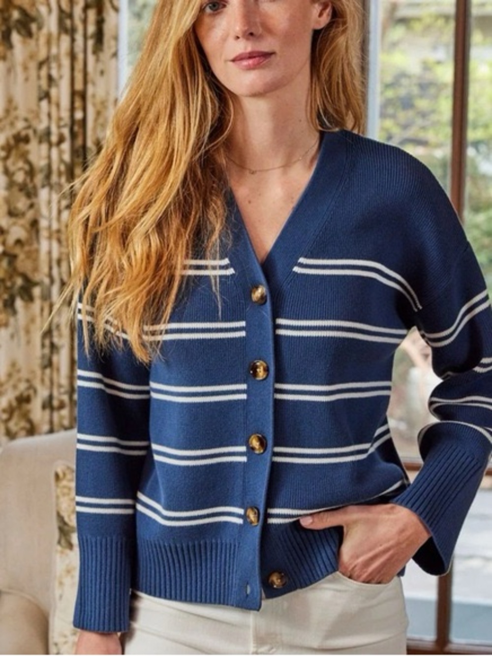 LAKE Nora Striped Navy V‑Neck Button Cardigan Sweater